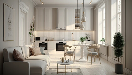 Fototapeta premium interior modern kitchen room and dining room. Generative Ai