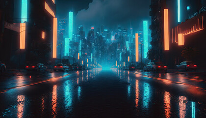 Night city Cyber punk landscape concept. Light glowing on dark scene. Night life. Technology network for 5g. Beyond generation and futuristic of Sci-Fi Capital city and building scene. Generative AI.