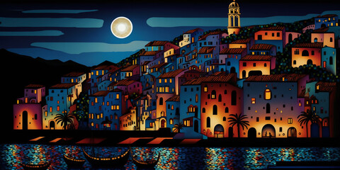 Mediterranean City at nighttime as a painting