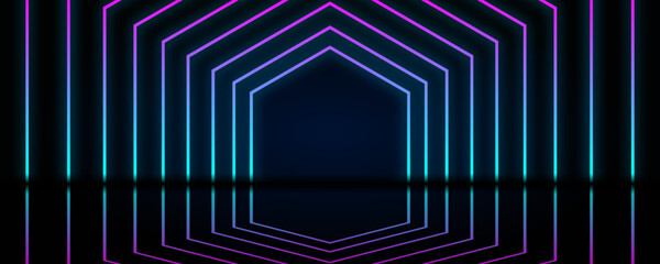 Blue and purple neon geometric shapes with reflection. Abstract technology background. Futuristic glowing vector design