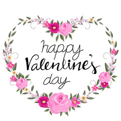 Heart frame with pink roses and green leaves for valentine' s day , decoration , wedding , card