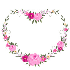 Obraz na płótnie Canvas Heart frame with pink roses and green leaves for valentine' s day , decoration , wedding , card