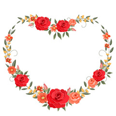 Heart frame with red roses and green leaves for valentine' s day , decoration , wedding , card