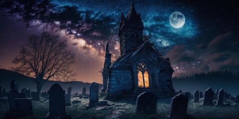 Chapel and graveyard with milkyway above