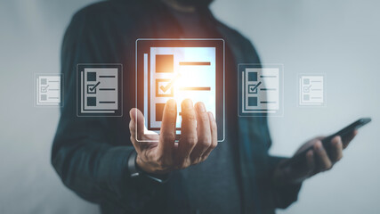 Documents management information system concept, Businessman using visual screen internet for Documents management information system and ERP program data directory in company, ERP document management © Suriyo