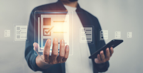 Documents management information system concept, Businessman using visual screen internet for Documents management information system and ERP program data directory in company, ERP document management © Suriyo