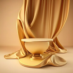 Golden Luxurious Fabric Cloth Places on Top of Pedestal for Product Showcase