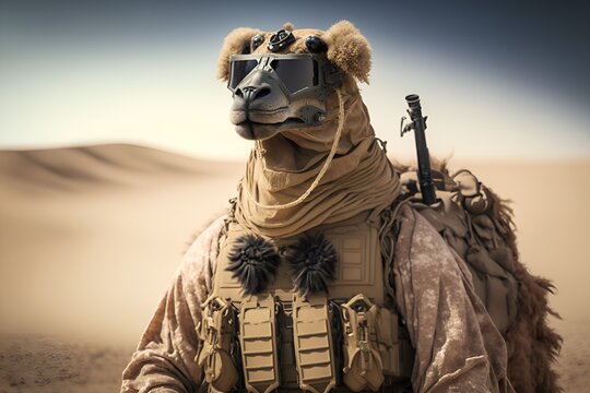 Portrait Of A Camel Dressed In A Tactical Uniform, Generative Ai