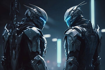 Two warriors getting ready to duel, sci fi, fantasy. generative ai