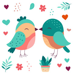 cute love birds in flat style isolated on white background, vector