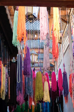 Africa, Morocco, Colorful yarn hanging to dry after being dyed