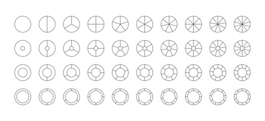 Circular structure template. Round chart. Circle section graph. Pie diagram divided into pieces. Set schemes with with 3, 6, 9 sectors. Piechart with segments and slices. Vector illustration