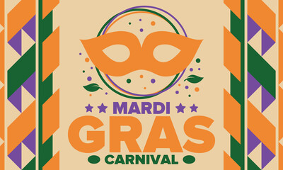 Fototapeta premium Mardi Gras Carnival in New Orleans. Fat Tuesday. Traditional holiday, celebration annual. Folk festival, costume masquerade, fun party. Carnival mask. Poster, card, banner and background. Vector
