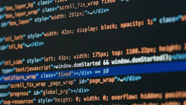 Coding UX UI script text on screen, HTML5 in editor for website development, Close up Macro of Programming code software developer. 