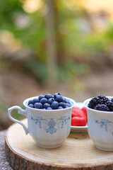 Fototapeta na wymiar Blueberries, blackberries and strawberries in the vintage porcelain set. Healthy snack served in a garden. Selective focus.