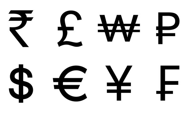 Currency symbol icons set. Money kind icon Collection of currency icons. Dollar, Euro, British Pound, Indian Rupees, Won, Chinese Yuan, Frenc and Ruble symbol sign. different currencies vector icon.