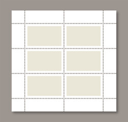 Sale coupons set. Empty post stamp template with perforated borders. Collection paper postmarks. Postal stickers for mail letter. Postage stamps set. Vector illustration.