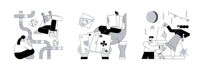 Leisure time spending abstract concept vector illustration set. Board games, play cards, party time, tabletop activities, stay at home activity idea, family fun, friends meeting abstract metaphor.