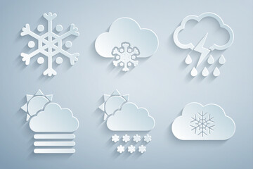 Set Cloud with snow and sun, rain lightning, Fog cloud, and Snowflake icon. Vector