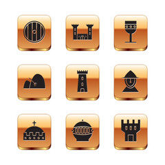 Set Round wooden shield, King crown, Medieval iron helmet, Castle tower, Bale of hay and rake, goblet, and icon. Vector
