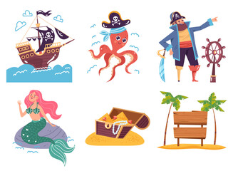 Pirate treasure chest mermaid characters isolated set. Vector graphic design illustration
