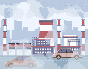 Air smog city people in protective mask dust polluted industry factory concept. Vector graphic design illustration