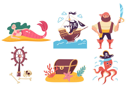 Pirate treasure chest mermaid characters isolated set. Vector graphic design illustration
