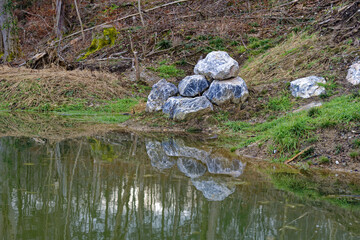 Beautiful scenic landscape in the woods with pond and reflections on a blue cloudy winter day at City of Zürich district Schwamendingen. Photo taken February 6th, 2023, Zurich, Switzerland.