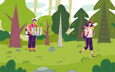 Hike forest camping travel nature adventure tent landscape hiking concept. Vector graphic design illustration
