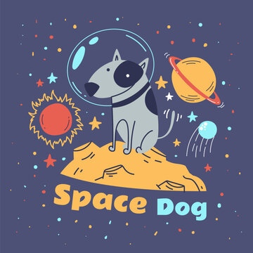 Dog astronaut space character cute animal print cartoon doodle style concept. Vector graphic design illustration