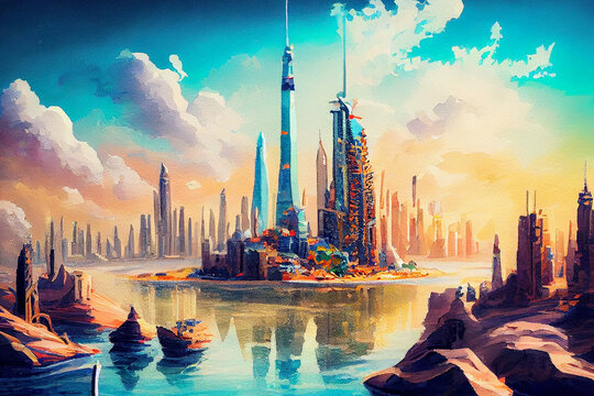 A Futuristic City In A Desert Setting, Showcasing A Vibrant And Thriving Metropolis Amidst The Barren Landscape, Generative Ai Illustration