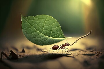  a small ant standing on top of a leaf on the ground next to another ant on the ground with a green leaf on top of it.  generative ai