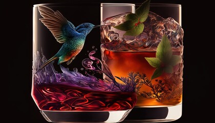  a glass of tea with a hummingbird on top and a cup of tea in the middle with leaves and flowers on the side of the glass.  generative ai