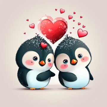 cute couple of penguins blowing hearts, love, valentine, vector, AI assisted finalized in Photoshop by me 