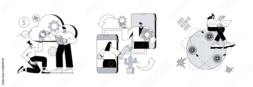 Poster global communication abstract concept vector illustration set. cloud management, cross-platform soft