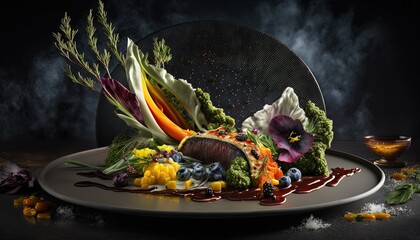  a plate of food that is covered in vegetables and sauce on a black surface with smoke coming out of the top of the plate and a bowl of food on the side.  generative ai - obrazy, fototapety, plakaty