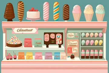 Shop with ice cream and sweet pancakes, sweets. Generative AI