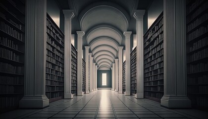  an empty library with columns and a door leading to a light at the end of the aisle of the room is lit by a bright light.  generative ai