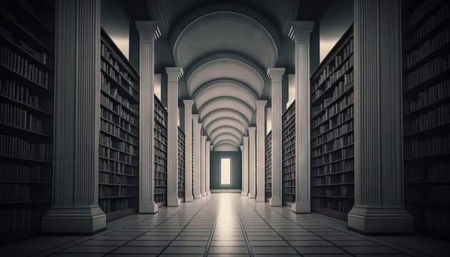  an empty library with columns and a door leading to a light at the end of the aisle of the room is lit by a bright light.  generative ai