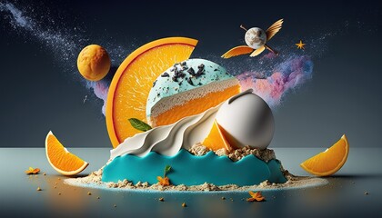  an image of an ice cream sundae with oranges and other fruit on top of the ice cream sundae with an egg on top.  generative ai
