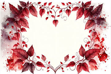 red frame of Leaves, watercolor red hearts Love Shaped leaves vines isolated on white background with space in center for text. Generative Ai