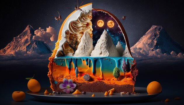  a piece of cake with an image of a mountain in the middle of it and oranges on the bottom of the cake, and a mountain in the middle of the middle of the cake.  generative ai