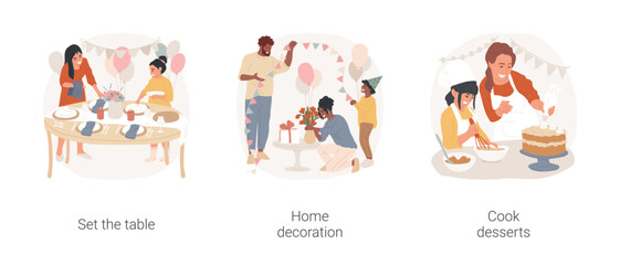 Home party preparations isolated cartoon vector illustration set. Set the table, kids put plates on table, home party decoration, child and father hang flags, family cook dessert vector cartoon.