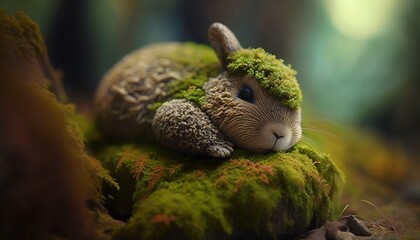  a stuffed animal is laying on a mossy rock in the woods with its eyes closed and eyes wide open, with its head resting on the mossy surface.  generative ai