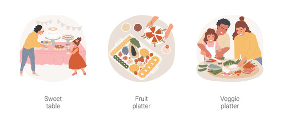 Waiting for guests isolated cartoon vector illustration set. Make sweet station, put plates with dessert on table, prepare fruit platter, slicing watermelon, veggie appetizer vector cartoon.