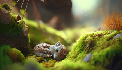  a small animal laying on top of a green moss covered ground next to a leafy tree trunk with an umbrella in the background of the picture.  generative ai