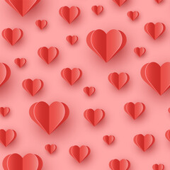 Valentine&rsquo;s hearts flying on pink background. Seamless pattern with paper cut decorations. Symbols of love. Vector illustration