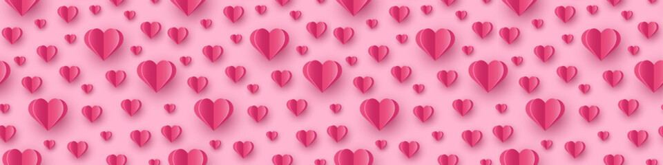Flying paper hearts on pink background. Seamless pattern with symbols of love for Valentine&rsquo;s Day, Mother&rsquo;s Day and Women&rsquo;s Day. Banner. Vector illustration