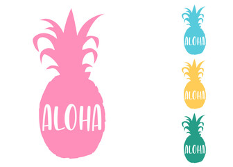 Logo destino de vacaciones. Letras de la palabra hawaiana aloha en texto manuscrito en silueta de pi&ntilde;a