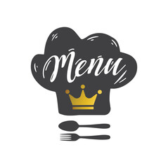 Chef's hat with crown, fork and spoon.